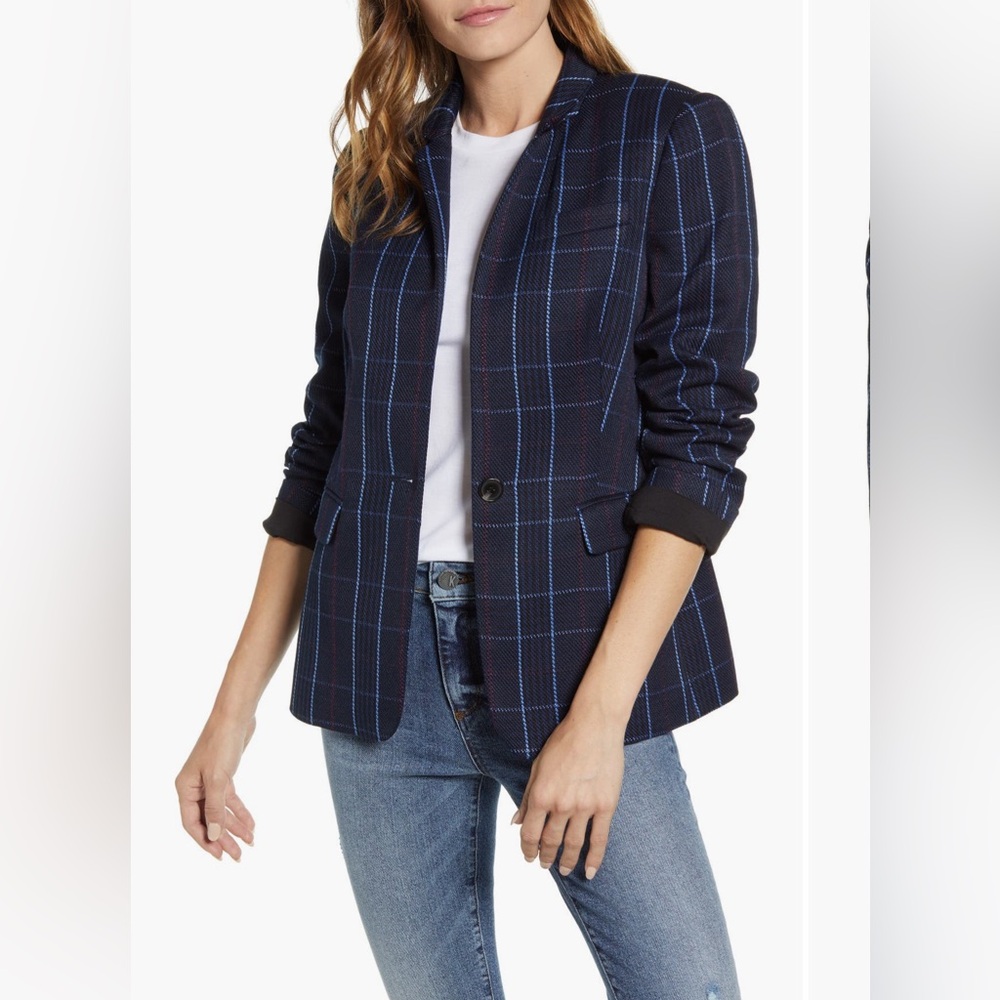 Vince Camuto Plaid Blazer Size 8 Red Blue Notched Collar Workwear